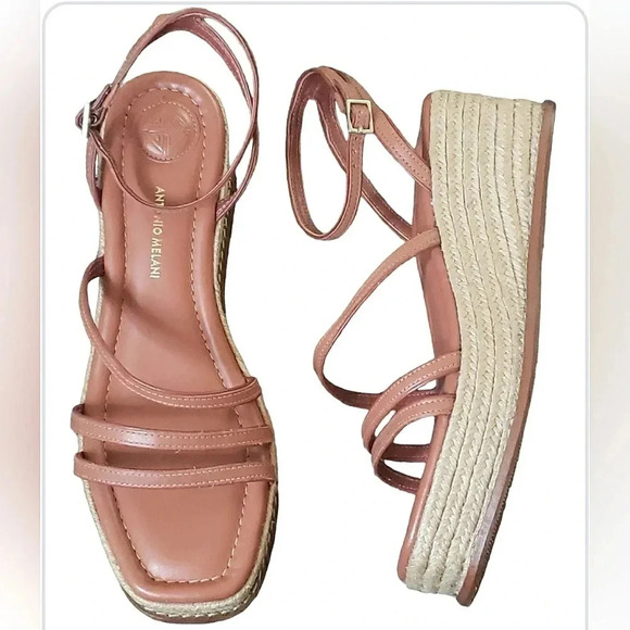 A M 10 Boho Chic Leather Strappy Espadrilles Wedge Sandals New - Picture 2 of 8
